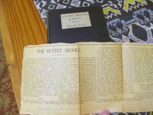 Rupert Brooke's memorial article found folded up in the book.