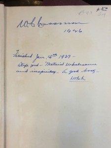 W.B. Brussman(<em>?</em>) Finished Jan. 15, 1927 - Style good - material wholesome and inspiring - a good book - W.B.B.